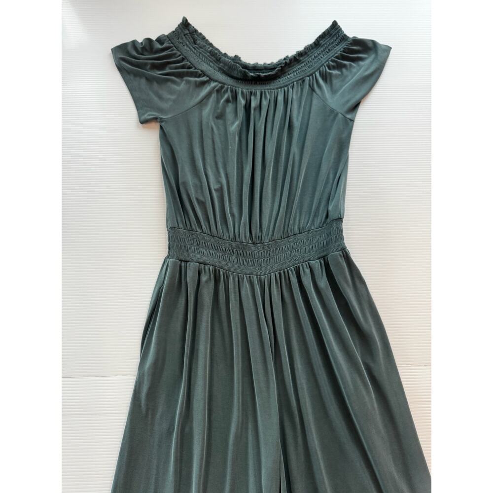 Anthropologie Rebecca Smocked Wide Leg Jumpsuit Teal Women’s Medium Off Shoulder - Picture 10 of 16